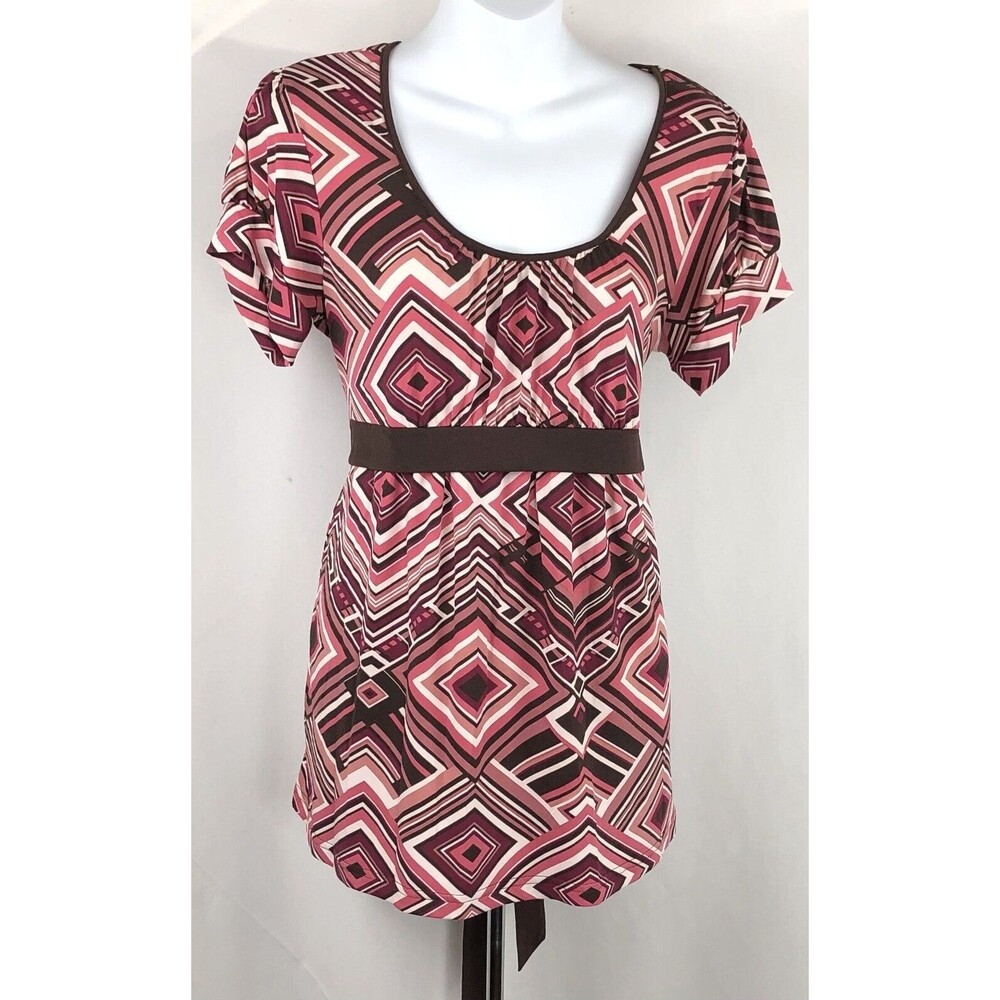 Planet Motherhood empire waist top L multi pink Geo scoop tie waist stretch Y2K